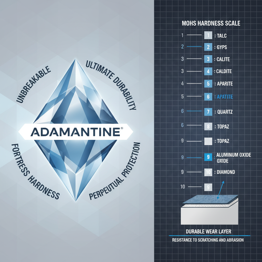 Illustration contrasting marketing buzzwords for 'adamantine' with a scientific diagram of the Mohs hardness scale, showing values for quartz and aluminum oxide and a durable wear layer.