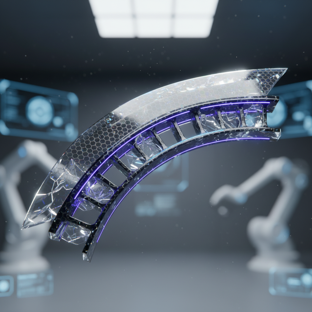 A macro 3D render of a product component showing layered textures of Diamond-Like Carbon (DLC), graphene, and technical ceramics, highlighting advanced materials for extreme durability.