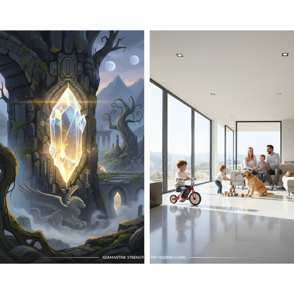 Adamantine: Myth vs. Modern Durability - Split panel showing mythical adamantine on left and modern durable flooring in a home on right.