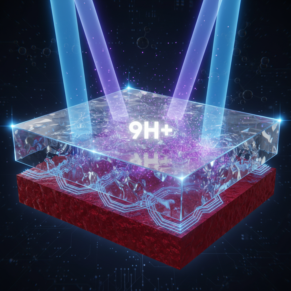 A highly detailed, cross-section microscopic view of a protected surface. The bottom layer is the underlying substrate (e.g., automotive paint or wood). Above it, a dense, transparent, and incredibly hard 'Adamantine' nanocoating layer is visible, forming a strong, permanent covalent bond with the substrate. This Adamantine layer is actively deflecting and blocking 99.9% of incoming UV rays, represented by bright light rays bouncing off or being absorbed within the coating, with only a tiny fraction penetrating. Show a subtle '9H+' hardness rating icon embedded in the coating.