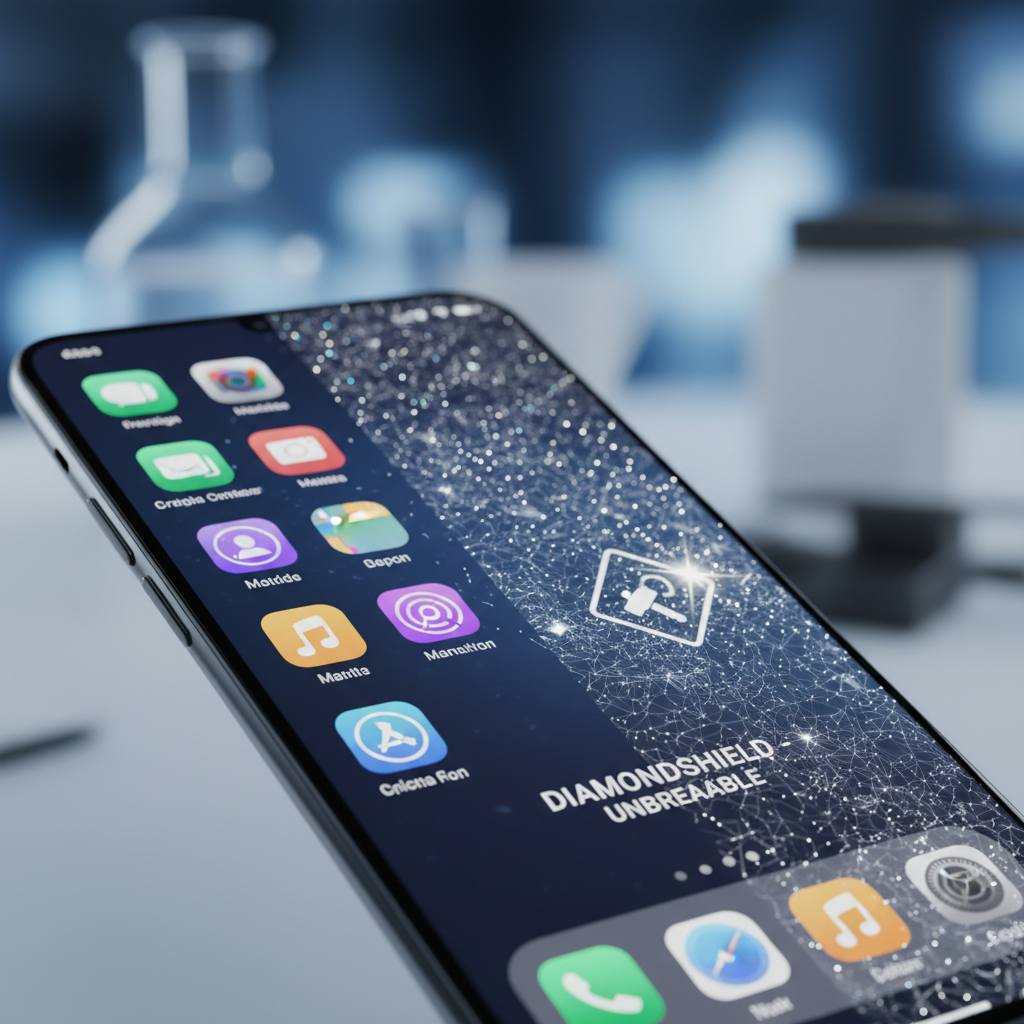 A macro shot of a smartphone screen, with one half showing a normal screen and the other half revealing a diamond-integrated layer, demonstrating Adamantine Optics' unbreakable protection against impact.