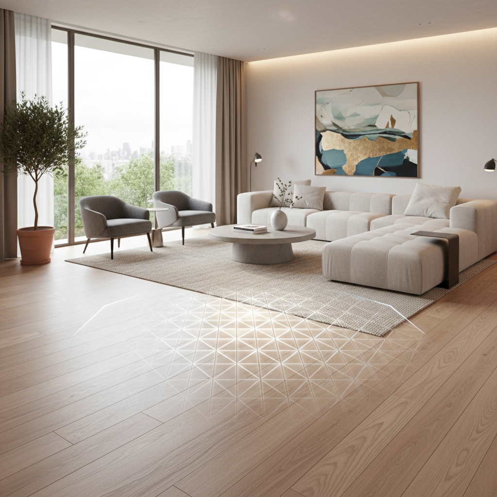 A modern living room with elegant engineered wood flooring, subtly depicting adamantine strength and protection against wear and spills.