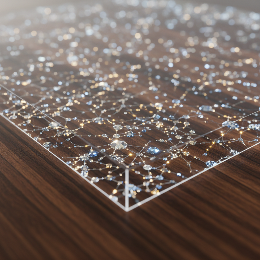 A highly magnified, artistic rendering of the Adamantine flooring surface. Show a realistic wood veneer texture, but with a transparent, crystal-clear top layer visibly embedded with countless tiny, sparkling aluminum oxide nanoparticles. The nanoparticles should appear like microscopic gemstones, reinforcing the wood's cellular structure, creating a 'liquid glass' effect. A subtle glow emanates from the protective layer.