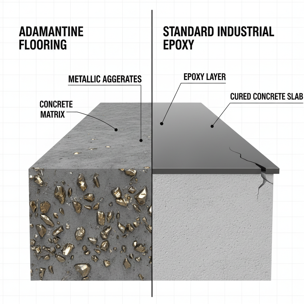 Cross-sectional diagram comparing Adamantine flooring (metallic aggregates integrated into concrete) with industrial epoxy (thin resin layer on concrete), highlighting structural differences for durability.
