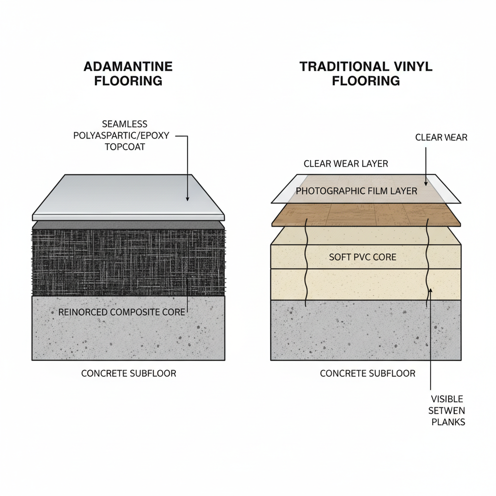 A detailed cross-section illustration comparing Adamantine Flooring with a thick, seamless topcoat and reinforced core, to Traditional Vinyl Flooring with thinner layers and visible seams.