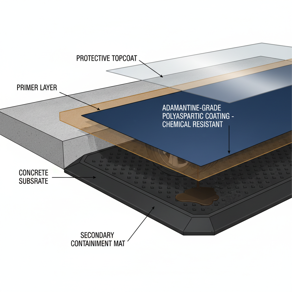 A detailed cross-section diagram of a high-performance garage or workshop floor. Show distinct layers: the concrete substrate, a primer layer, a thick, multi-part 'adamantine-grade' or polyaspartic chemical-resistant coating, and a protective topcoat. In the foreground, include a heavy-duty, raised-edge containment mat under a vehicle or workbench, symbolizing secondary containment. Style: technical illustration, clean lines, subtle textures for each layer, with labels for clarity.