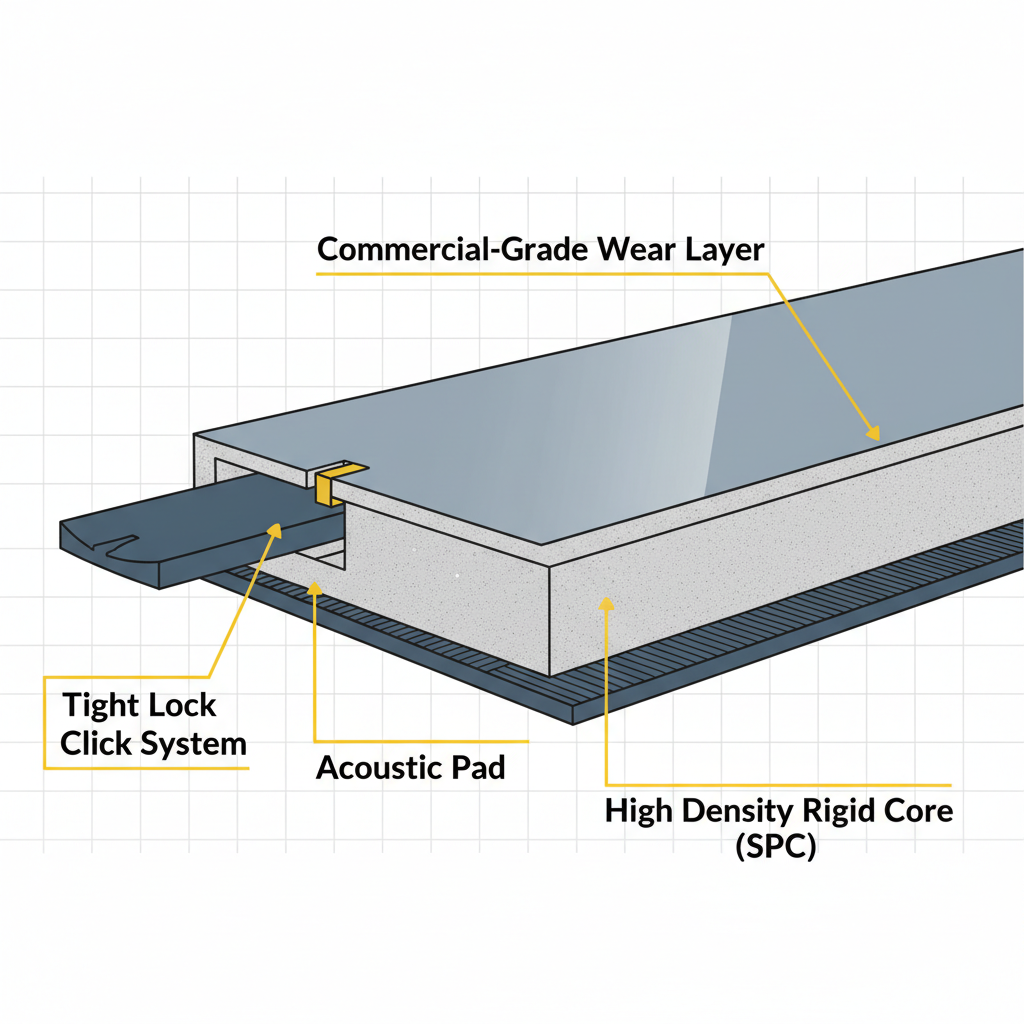A clean, technical cross-section diagram of an Adamantine flooring plank. Clearly show and label each distinct layer: an 'Acoustic Pad' at the bottom, followed by a thick 'High Density Rigid Core (SPC)', and topped with a 'Commercial-Grade Wear Layer'. Also, illustrate the 'Tight Lock Click System' at the plank's edge, showing how it interlocks with another plank. Use a modern, architectural rendering style with precise lines and clear text labels for each component.