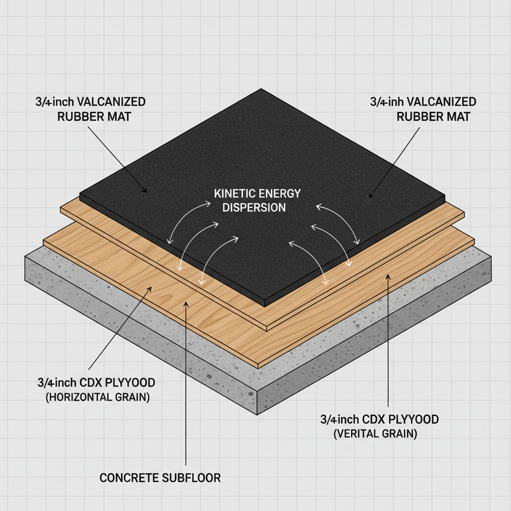 A detailed cross-section diagram of a multi-layered home gym lifting platform. Clearly show the distinct layers: a base concrete subfloor, followed by two layers of 3/4-inch CDX plywood laid in alternating directions, and topped with a layer of 3/4-inch vulcanized rubber mats. Each layer should be distinct with subtle textures and labeled clearly. Include subtle arrows indicating how kinetic energy is dispersed horizontally through the plywood layers. Style: technical illustration, clean lines, isometric perspective.
