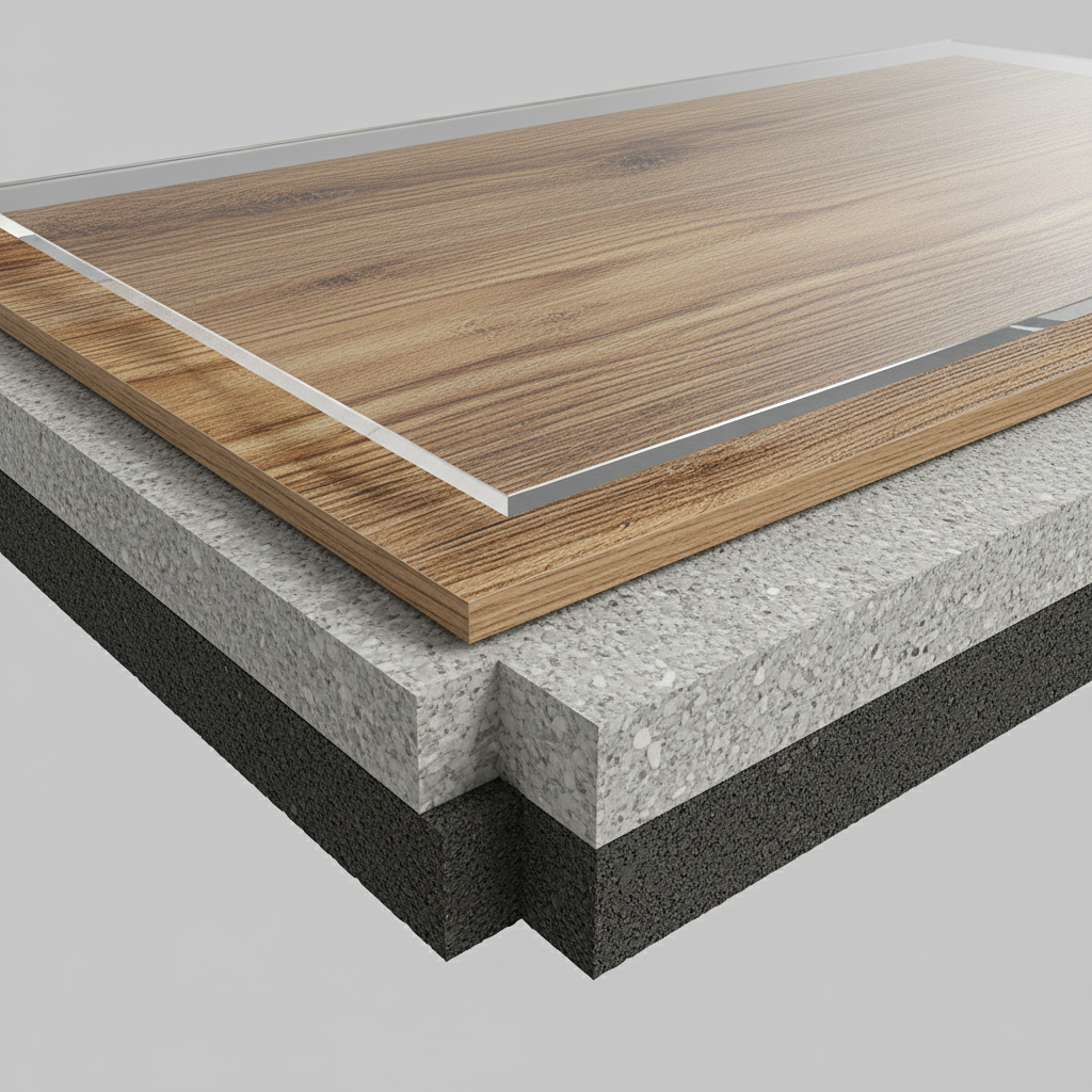 A clear, macro-photography style cross-section of a Multi-Layer Flooring (MLF) plank. Visibly show four distinct layers: a textured, dark underlayment (cork/foam), a thick, rigid core (stone/wood composite), a vibrant high-definition decorative print layer (wood grain or stone pattern), and a thin, transparent, glossy wear layer on top. The edges should be clean and precise, highlighting the engineering.