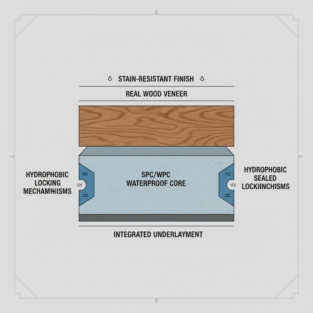 A cross-sectional diagram illustrating the layers of a spill-proof engineered flooring plank, showing wood veneer, SPC/WPC waterproof core, and hydrophobic locking mechanisms.
