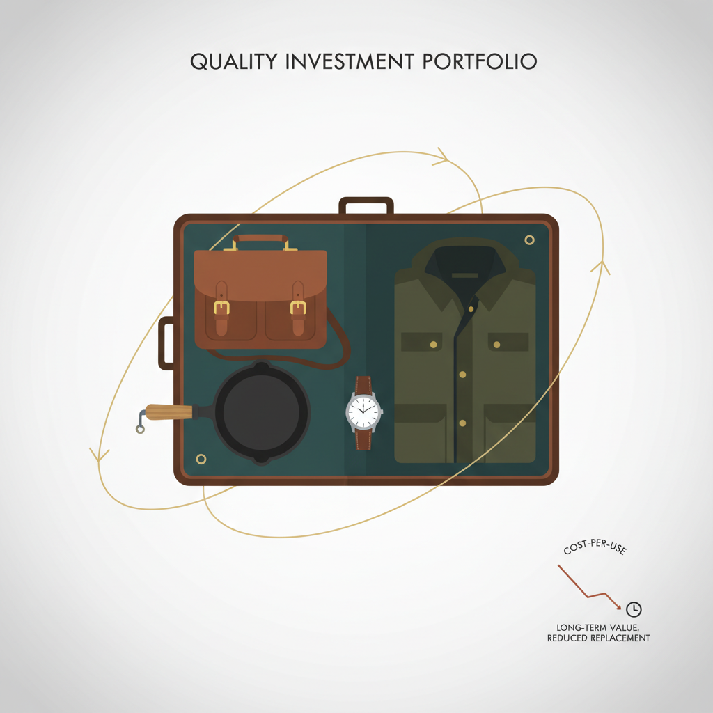 An illustration of high-quality, durable goods arranged like a financial investment portfolio, representing long-term value.