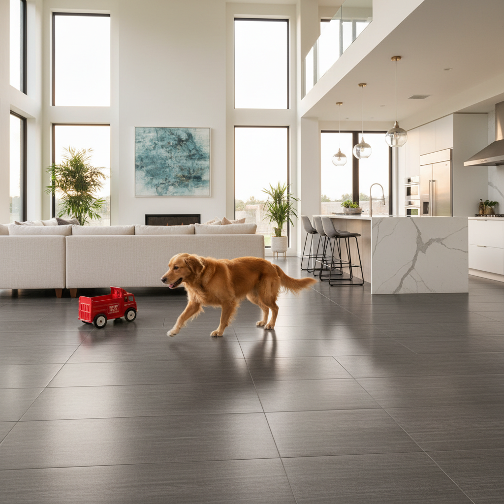 Modern living space with durable, commercial-grade flooring showing no wear from a dog and child's toy, illustrating aesthetic appeal.