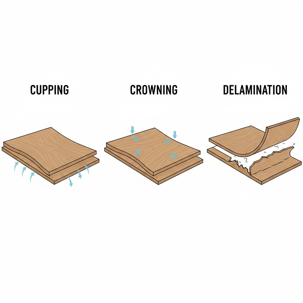 A split-panel illustration showing three common types of premature floor wear. Panel 1: 'Cupping' – a floor plank with edges visibly higher than the center, with subtle blue arrows indicating moisture rising from the subfloor beneath the planks. Panel 2: 'Crowning' – a floor plank with the center visibly higher than the edges, with subtle blue arrows indicating moisture from the surface (e.g., spilled water). Panel 3: 'Delamination' – two distinct layers of a floor plank visibly peeling apart from each other. Style: clear, diagnostic, slightly schematic, with a clean, light background to emphasize the damage.
