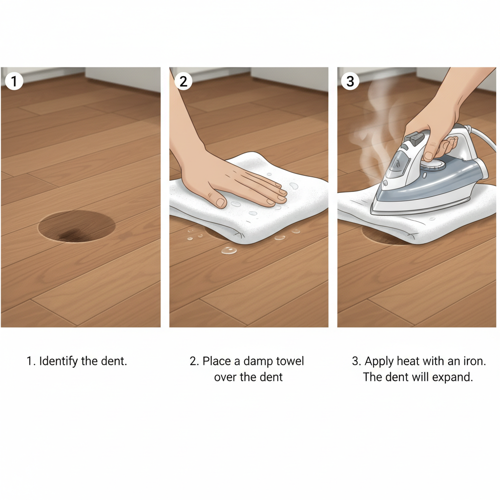 Step-by-step illustration showing a dented hardwood floor, then placing a damp towel, and finally using a hot iron to steam and repair the dent.