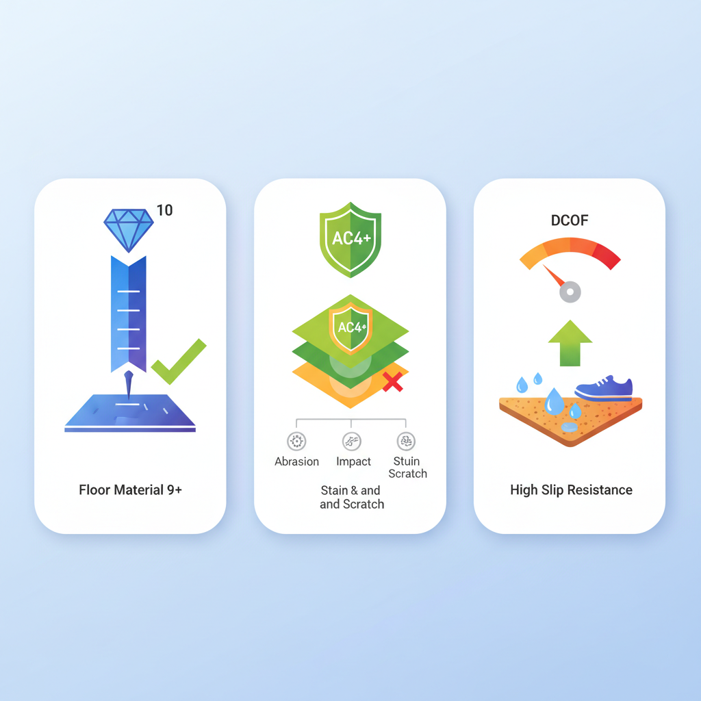 An illustrative infographic-style image depicting three key durability metrics. On the left, a Mohs hardness scale with a diamond (10) and a floor material (9+) resisting a scratch. In the center, an AC rating symbol (AC4+) with layers representing wear resistance. On the right, a DCOF meter showing a high slip resistance reading on a wet floor surface. Style: clean, modern flat design with subtle gradients, clear icons, and numerical scales.