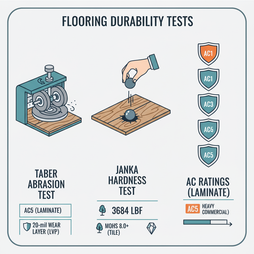 Infographic illustrating Taber Abrasion Test, Janka hardness scale for wood, and AC ratings for laminate, with numerical scales for durability.