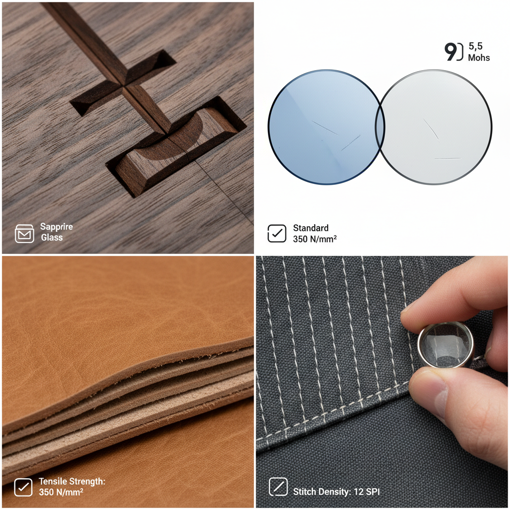 A detailed, close-up composite image showcasing the hidden elements of premium craftsmanship and material science. The image should feature: a perfectly executed dovetail joint in fine wood, a magnified view of a scratch-resistant sapphire glass surface next to a standard glass, a cross-section of full-grain leather showing its natural, strong layers, and a hand meticulously inspecting tight, even stitching on a durable fabric. Subtle graphic overlays could indicate Mohs scale numbers or tensile strength ratings. Style: detailed, clean, almost technical photography with integrated infographic elements, focusing on texture and precision.