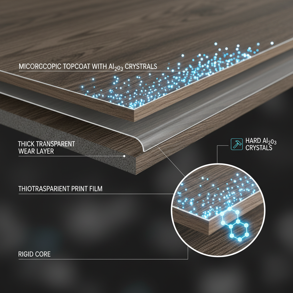A detailed cross-section of a durable flooring plank, showing the rigid core, print film, thick wear layer, and microscopic aluminum oxide crystals in the topcoat.
