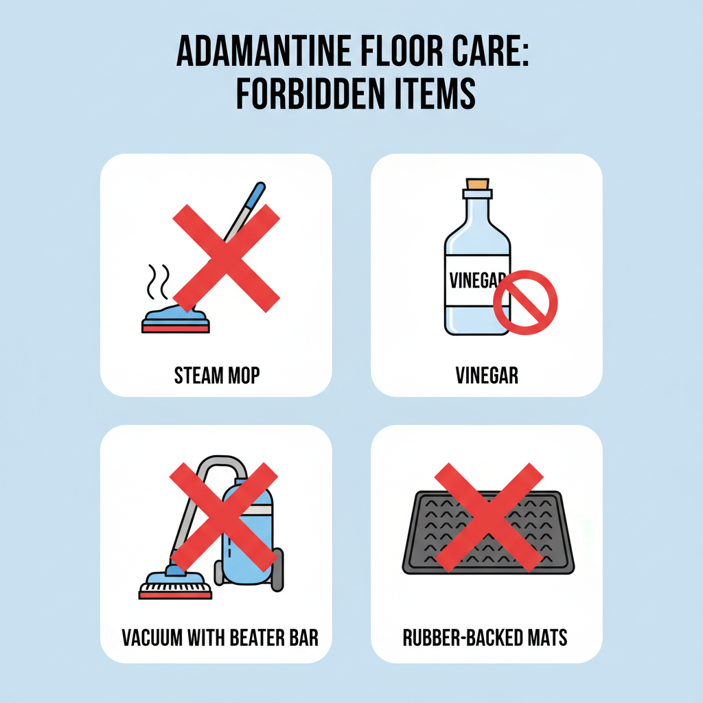 Definitive 'Do Not Use' List for Adamantine Floors Infographic showing a red 'X' over a steam mop, a vacuum with a beater bar, a bottle of vinegar, and a rubber-backed mat, representing items to avoid for Adamantine floor care.