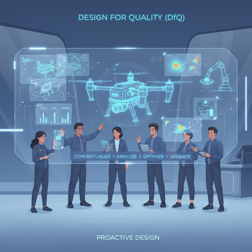 A modern, clean illustration showcasing the 'Design for Quality (DfQ)' engineering process. A diverse team of engineers (male and female) are collaboratively working around a large, interactive holographic display or a 3D CAD model of a durable product (e.g., a rugged device, an architectural component). Visual elements represent different stages: conceptual design sketches, material selection matrices (e.g., 'Weight-Cost-Strength' labels), simulation data overlays, and early prototyping tools. The atmosphere is innovative and precise, emphasizing proactive design decisions. Style: schematic, minimalist, with glowing lines and data visualizations.