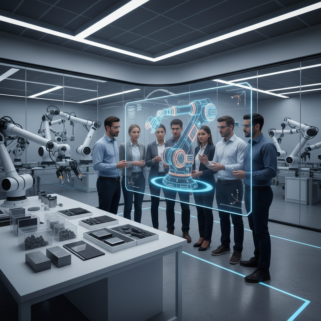 A futuristic and clean engineering design studio or lab. In the foreground, a team of diverse engineers (male and female) are collaborating around a large, transparent holographic display or monitor, showcasing a complex 3D CAD model of a durable industrial product. On a nearby workbench, samples of advanced materials like high-strength steel alloys, titanium, and graphene composites are visible. The background shows glimpses of automated manufacturing processes. Style: modern, high-tech, professional, slightly conceptual, emphasizing collaboration and innovation.