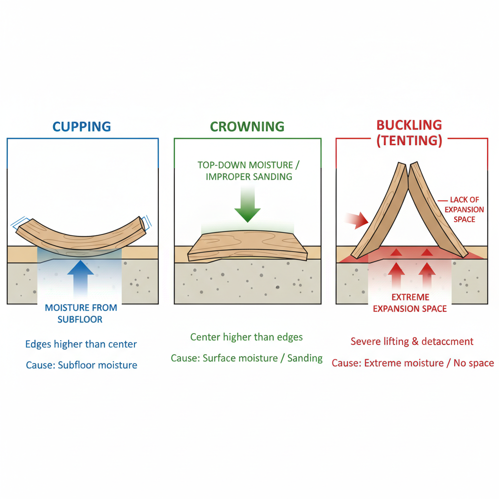 A visual diagnostic matrix showing three types of floor failure: cupping (edges up, center down), crowning (center up, edges down), and buckling (boards lifted from subfloor).