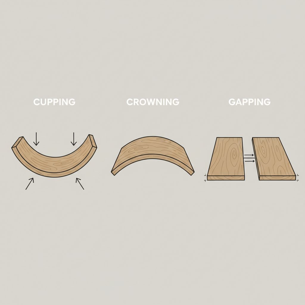 Three-panel illustration showing cupping, crowning, and gapping in wood floor planks.