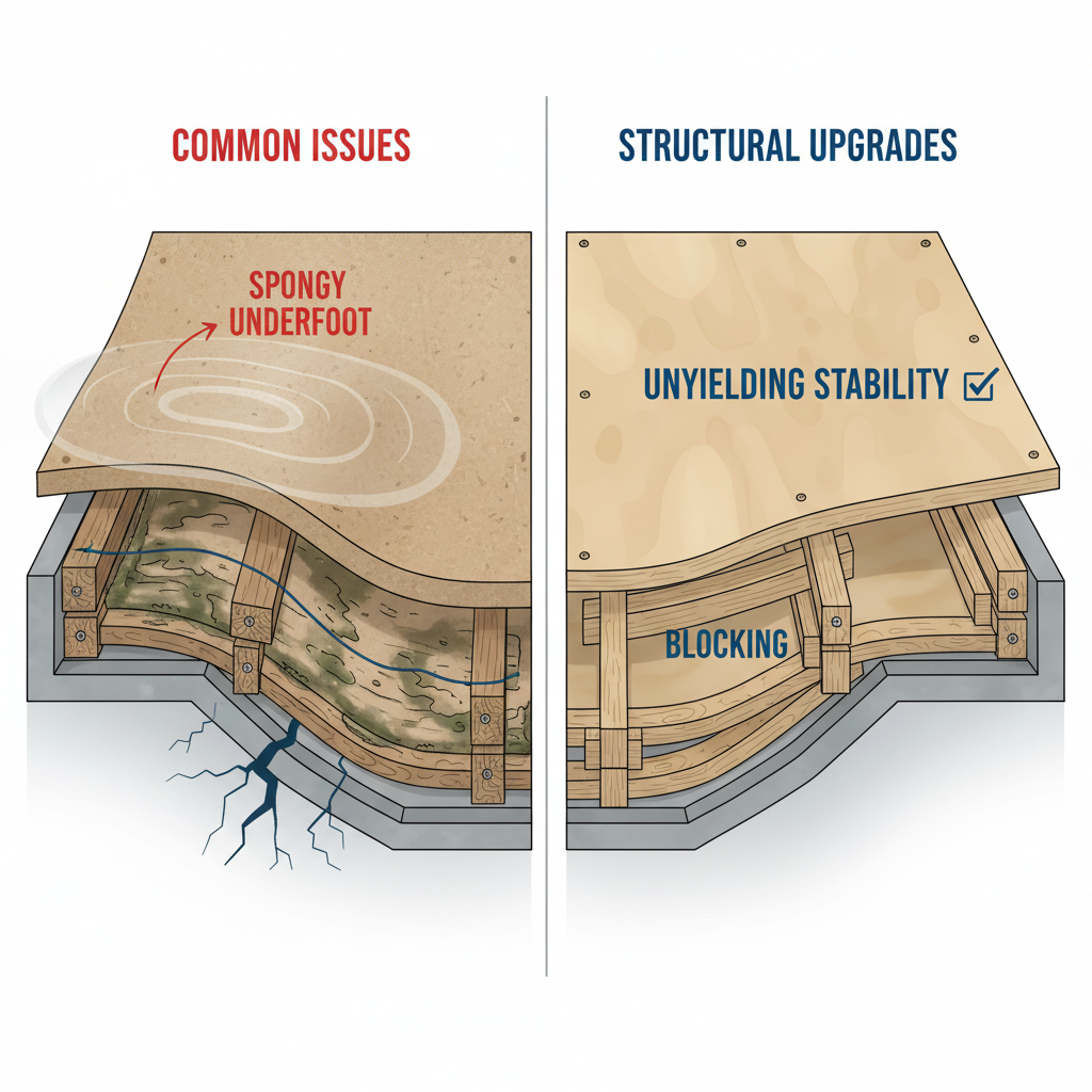 A cutaway, infographic-style illustration of a house floor from above, showing common subfloor stability issues. On one side, a floor section with visible sagging joists, a warped or uneven subfloor, and moisture seeping in, causing a 'spongy' effect underfoot. On the other side, the same section with structural upgrades: sistered joists, blocking, and a perfectly leveled, thick subfloor, labeled 'Unyielding Stability.' Use clear, distinct visual cues for problems and solutions. Style: clean, informative, architectural illustration with a touch of realism.
