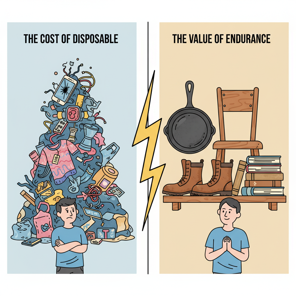 Disposable Culture vs. Durable Living A split-panel illustration comparing a chaotic pile of broken, discarded modern consumer goods in a landfill with a serene display of classic, durable items like a cast iron skillet and leather boots.