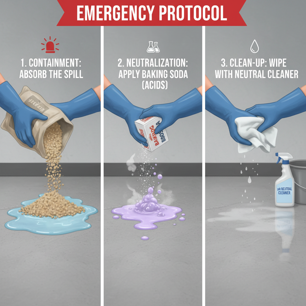 A dynamic, multi-panel infographic illustrating the emergency chemical spill triage steps. Panel 1: Gloved hands quickly containing a spreading liquid spill with absorbent material (e.g., kitty litter). Panel 2: The same gloved hands applying baking soda to neutralize an acidic spill. Panel 3: Thoroughly cleaning the absorbed and neutralized area with a pH-neutral cleaner and microfiber towels. Emphasize urgency, safety (gloves), and distinct actions. Style: clear, sequential illustration, slightly muted but realistic colors, focusing on the hands and floor.