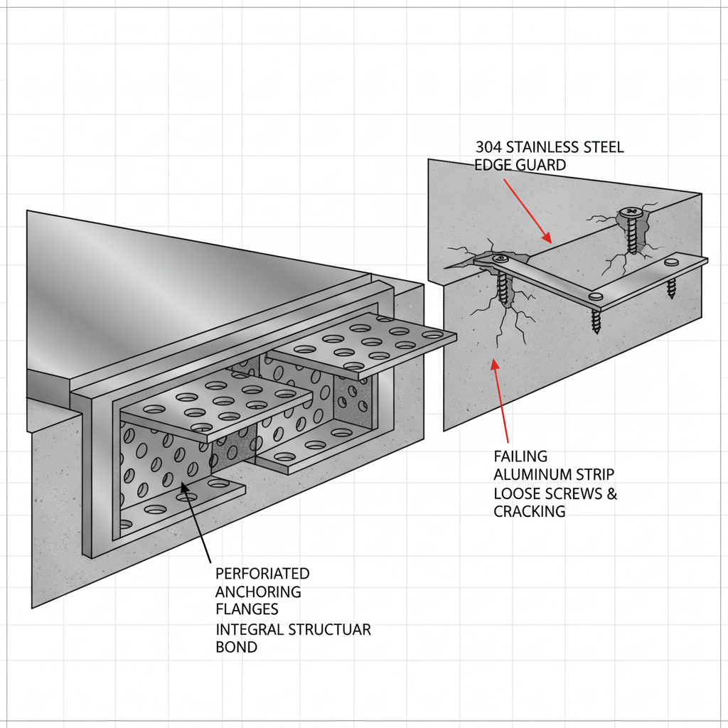A technical cutaway illustration comparing a robust 1/4 inch thick 304 stainless steel edge guard with continuous anchoring flanges deeply embedded in concrete (structural integrity) versus a failing, loose aluminum surface-mounted strip (inadequacy).