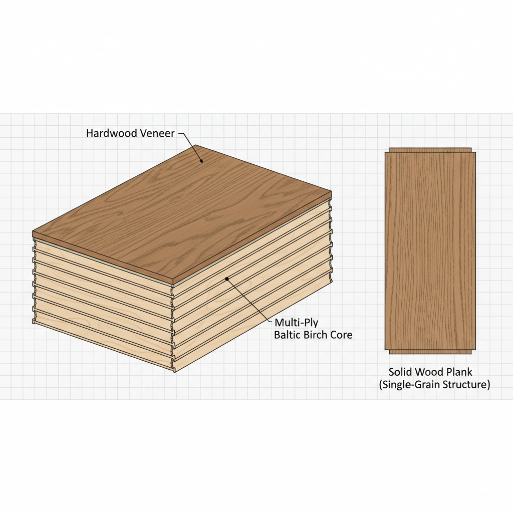 Detailed cross-section diagram showing the multi-ply core of engineered wood flooring for heat stability.