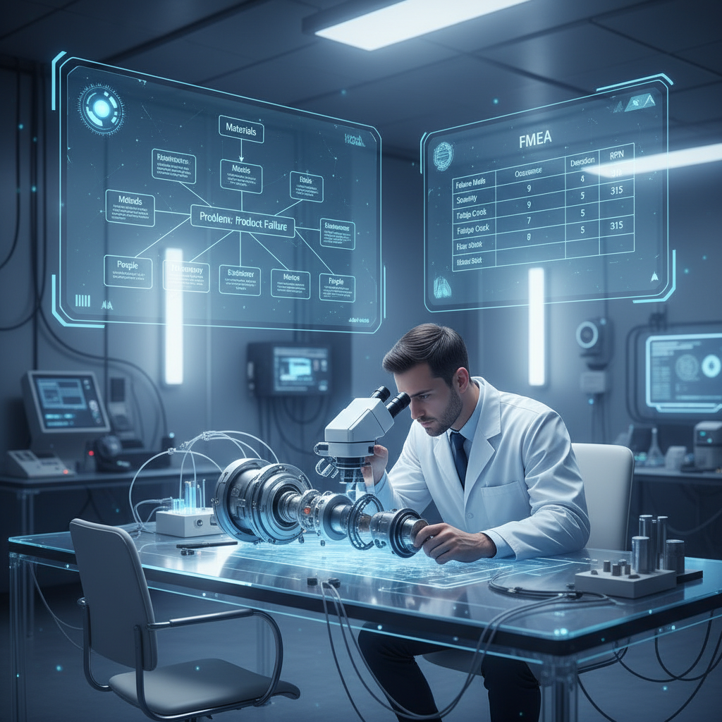 An engineer in a lab examining a component with holographic overlays of an Ishikawa diagram and FMEA table, representing root cause analysis for product failure.