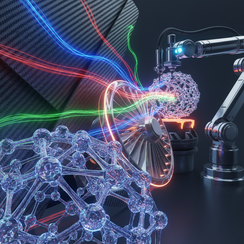 Dynamic render of high-entropy alloys, carbon fiber composites, and ceramic matrix composites, with a robotic arm performing additive manufacturing.
