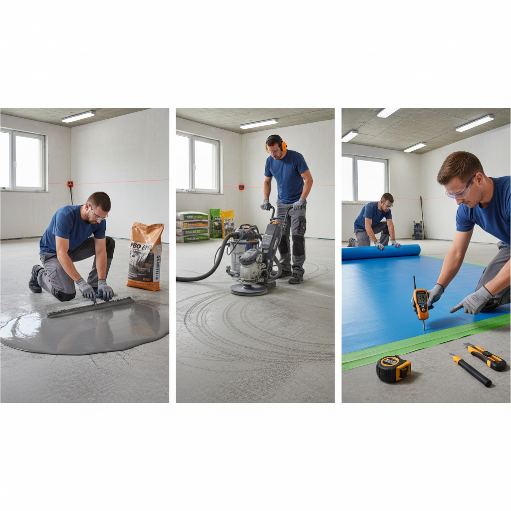 A three-panel sequence illustrating essential subfloor preparation steps for durable flooring installation. Panel 1: A professional worker meticulously applying a self-leveling compound to an uneven subfloor. Panel 2: A worker operating a specialized diamond grinder to mechanically profile a concrete slab, creating a textured surface for optimal bonding. Panel 3: A worker using a digital moisture meter to test the subfloor, with a dedicated moisture barrier being rolled out and applied in the background. The scene emphasizes meticulousness, professional tools, and a clean, well-lit environment. Style: realistic, instructional illustration, clean and detailed.