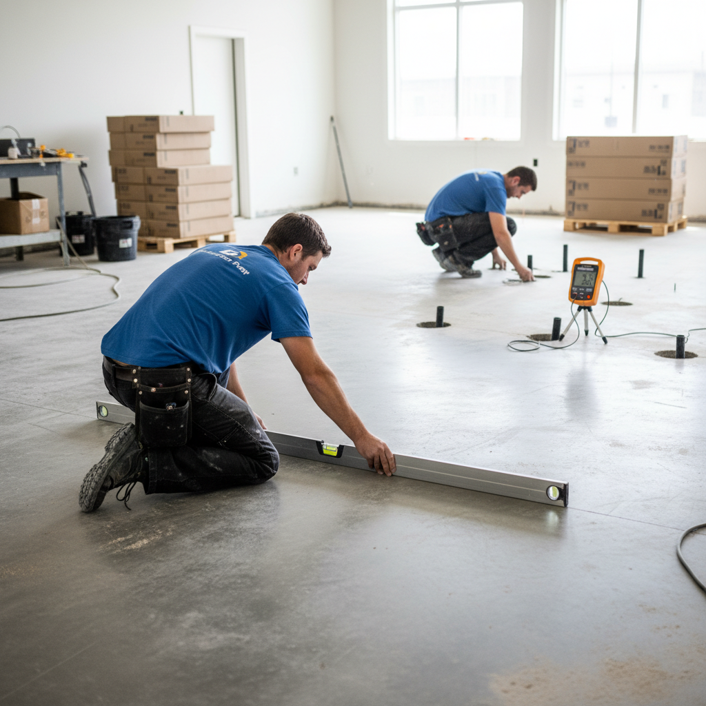 A dynamic scene illustrating critical subfloor preparation steps for durable flooring. In the foreground, a professional installer uses a long, precise leveling tool to check the flatness of a large concrete subfloor. In the background, another installer is shown performing an In-Situ Relative Humidity (RH) test, with probes inserted into the concrete and a digital meter clearly visible. The scene should convey precision, expertise, and the importance of these hidden steps, with a clean, well-lit construction environment. Style: realistic, professional, slightly bright and clean.