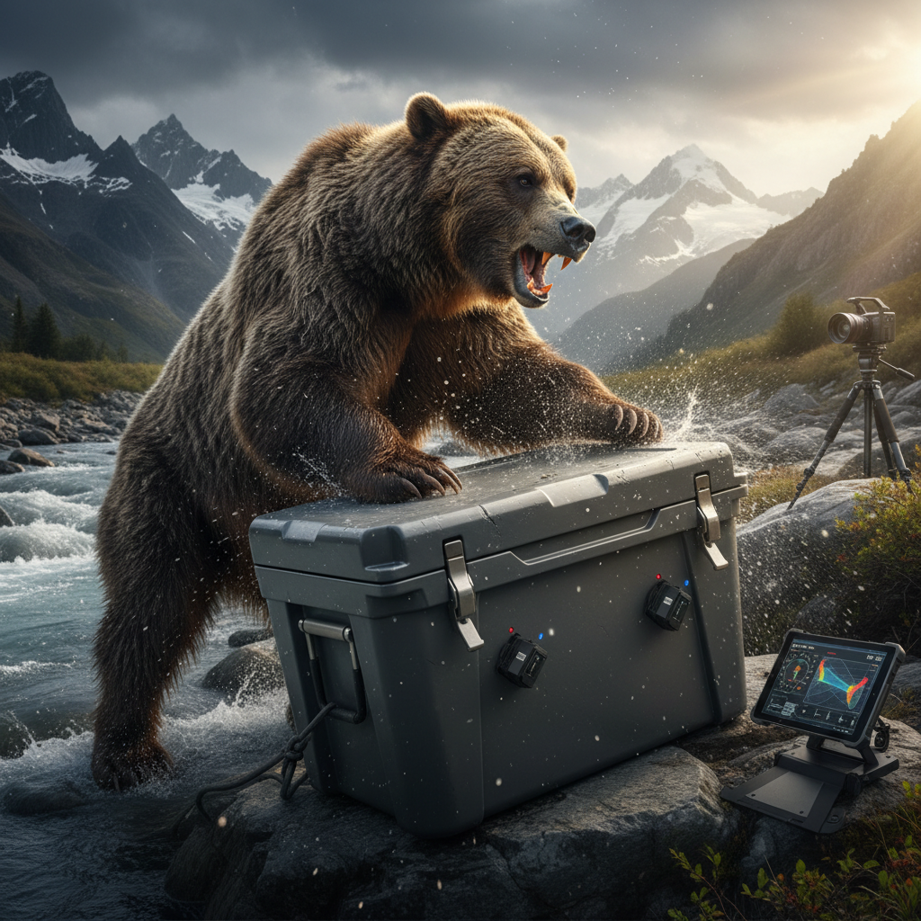 A grizzly bear interacting with a rugged, high-quality cooler during an extreme durability test in a natural outdoor setting, with scientific instruments observing.