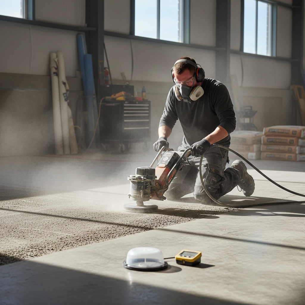 A realistic, eye-level photograph of a professional flooring installer meticulously preparing a concrete subfloor for an adamantine coating. The installer, wearing safety gear, is operating a diamond grinder or shot blaster, creating a textured, clean concrete surface. In the foreground, a small, subtle detail shows a moisture testing kit (e.g., a calcium chloride test) on the concrete. The background shows a clean, organized work area. The image should convey precision, expertise, and the critical nature of the task.