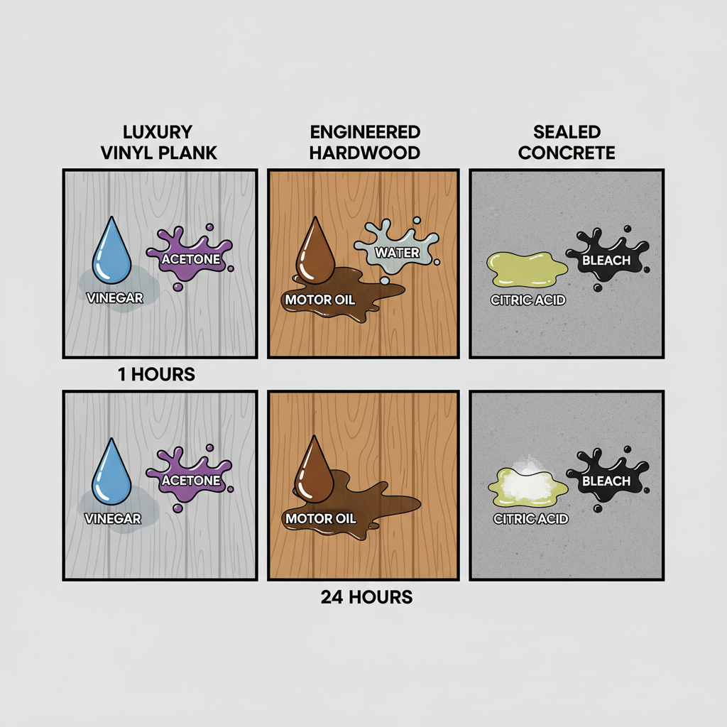 An informative infographic displaying a grid or series of panels. Each panel shows a different common flooring material (e.g., Luxury Vinyl Plank, Engineered Hardwood, Sealed Concrete) with small, stylized chemical spills (e.g., a drop of vinegar, a splash of acetone, a drip of motor oil). The panels visually depict the varying degrees of damage or resistance after 1 hour vs. 24 hours, using subtle visual cues like dulling, etching, or discoloration. Style: clean, illustrative, with clear labels for chemicals and floor types.