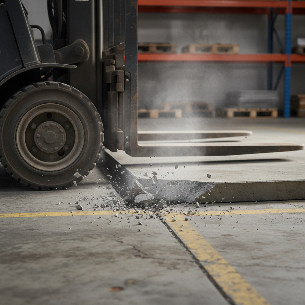 A photorealistic illustration of a forklift wheel impacting an unprotected floor edge, causing chipping and spalling, with a separated floor seam in the background showing moisture vapor, highlighting industrial floor vulnerabilities.