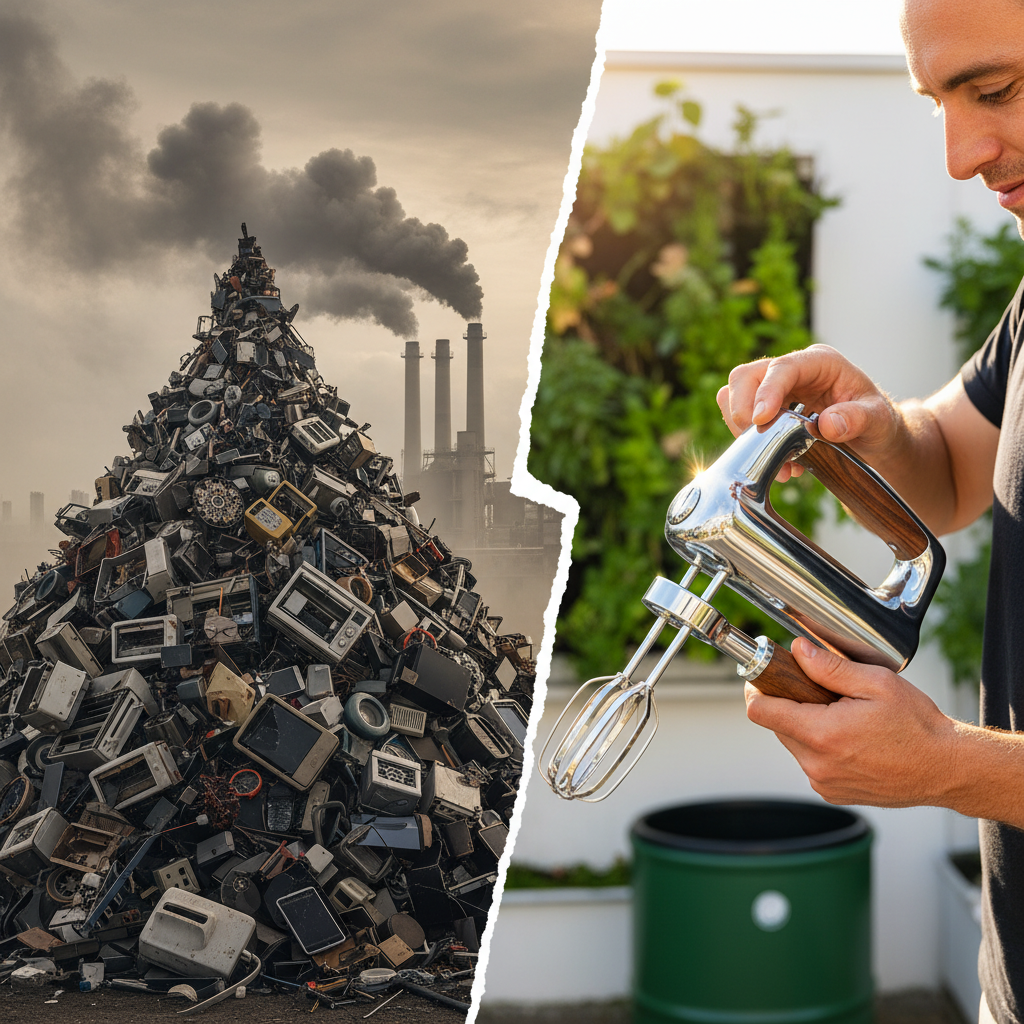 A dynamic split image showing a pile of e-waste on the left and a well-maintained, durable product on the right, symbolizing the shift from planned obsolescence to lifetime durability.