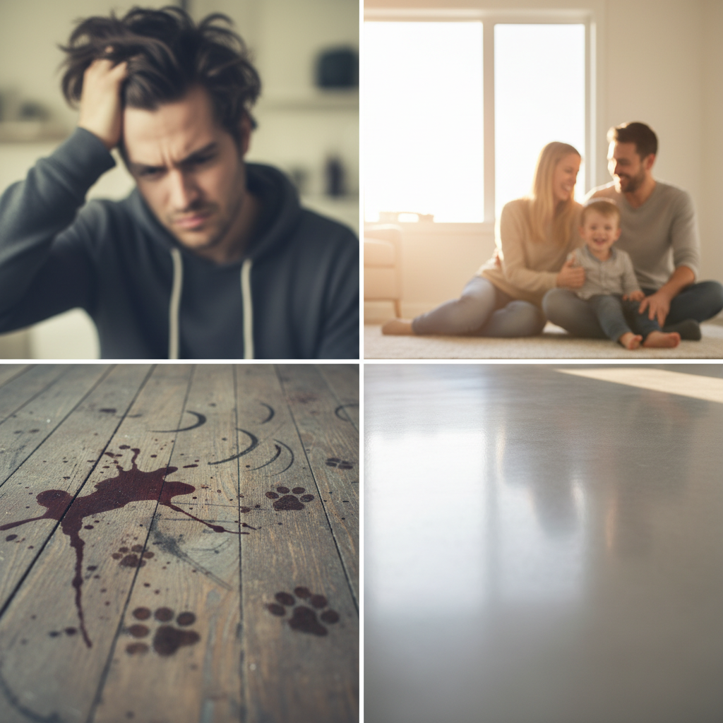 A split image showing a heavily scratched, dented, and stained floor on the left with a frustrated person, and a pristine, gleaming, modern floor on the right with a happy, relaxed family.