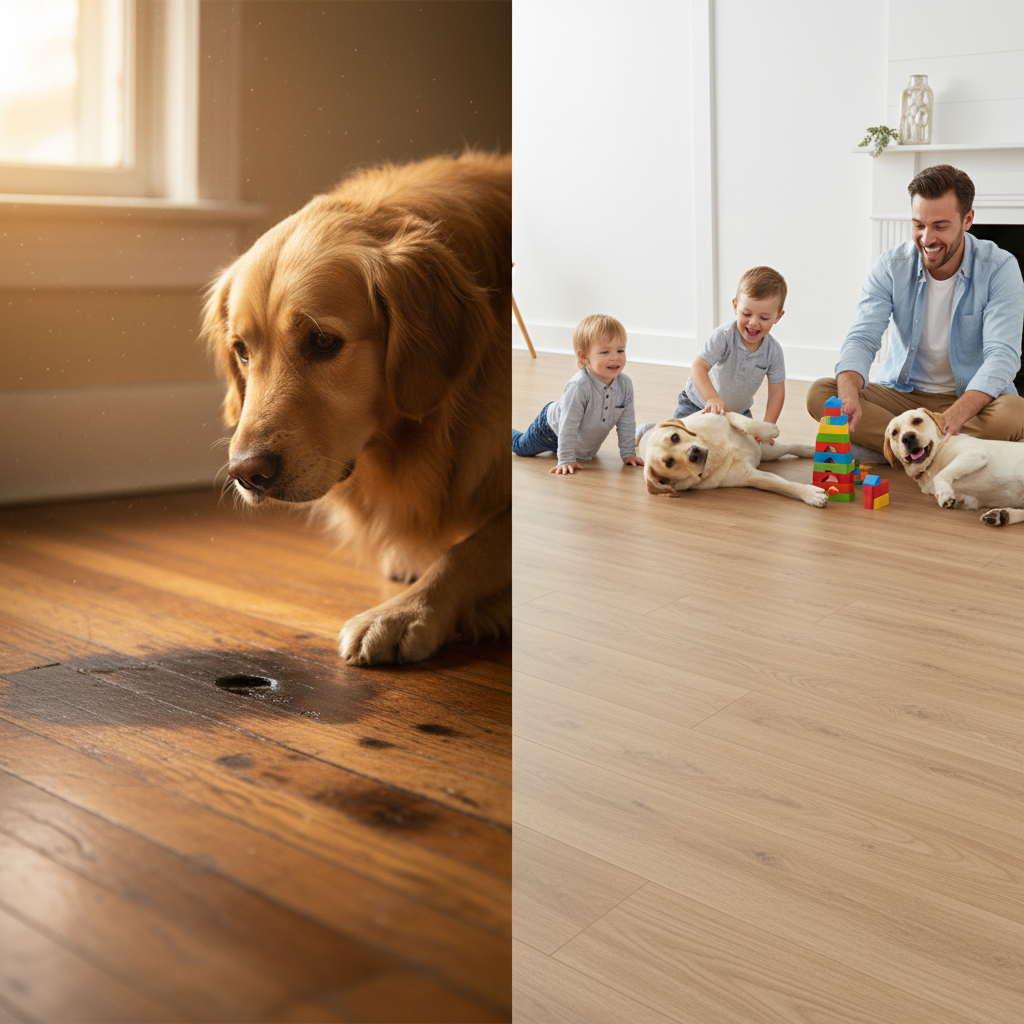 A split-screen image showing damaged hardwood on one side and a pristine LVP floor with a happy family on the other.