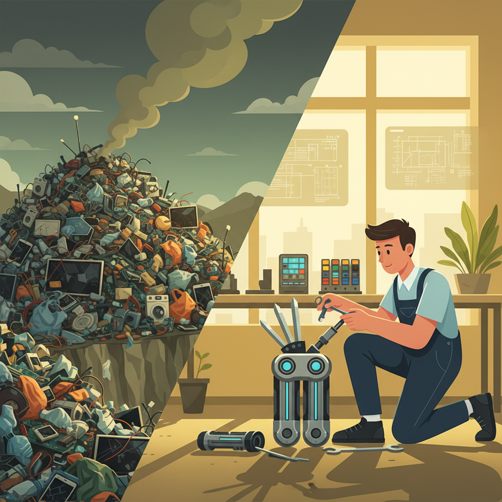 Illustration contrasting a polluted landfill with a person repairing a modular product, symbolizing the shift from waste to lifetime design.