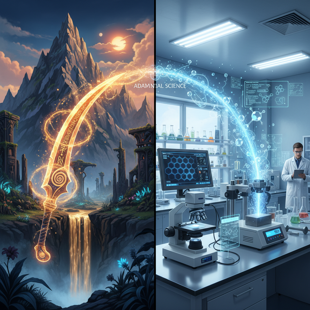 A split illustration showing mythical adamantine on the left and modern material science testing on the right.