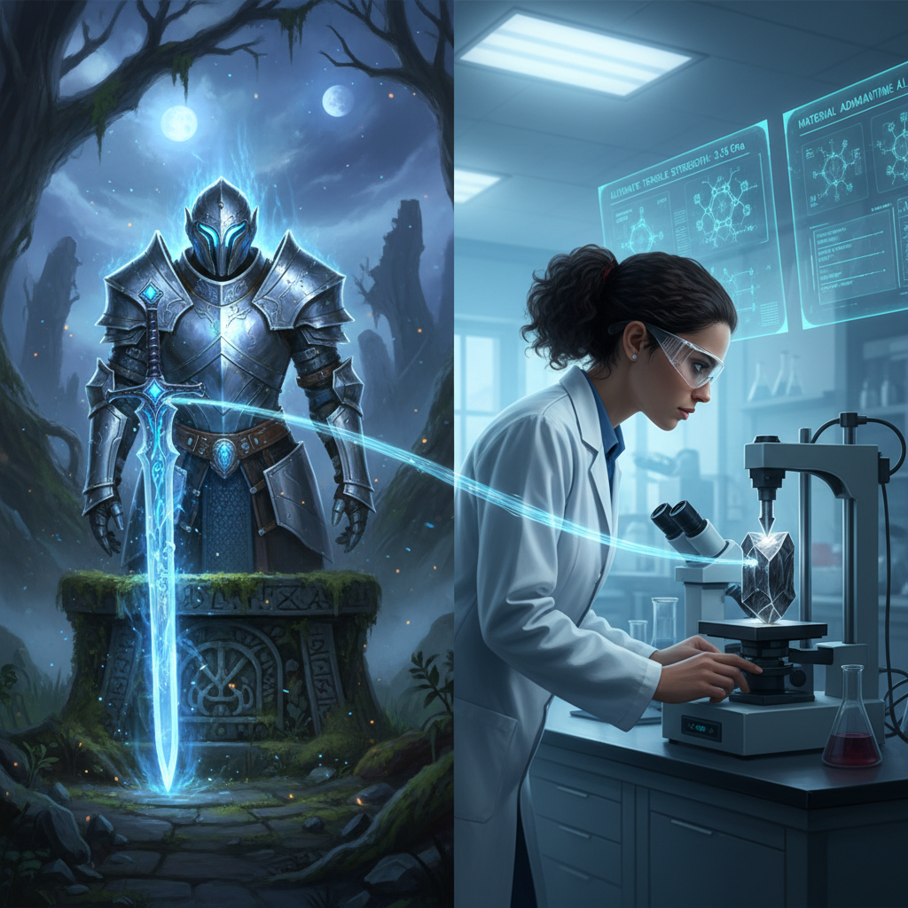 A dynamic split-panel illustration. The left panel depicts a fantastical, glowing 'adamantine' sword or piece of armor, stylized like a high-fantasy illustration (e.g., Dungeons & Dragons), set against a mystical, ancient backdrop. The right panel shows a modern, clean engineering lab with a scientist in a lab coat examining a material sample under a microscope or operating a tensile strength testing machine, with digital data displays in the background. A subtle visual element connects the two panels, symbolizing the transition from myth to measurable science. Style: vibrant, contrasting, blending fantasy art with scientific realism.