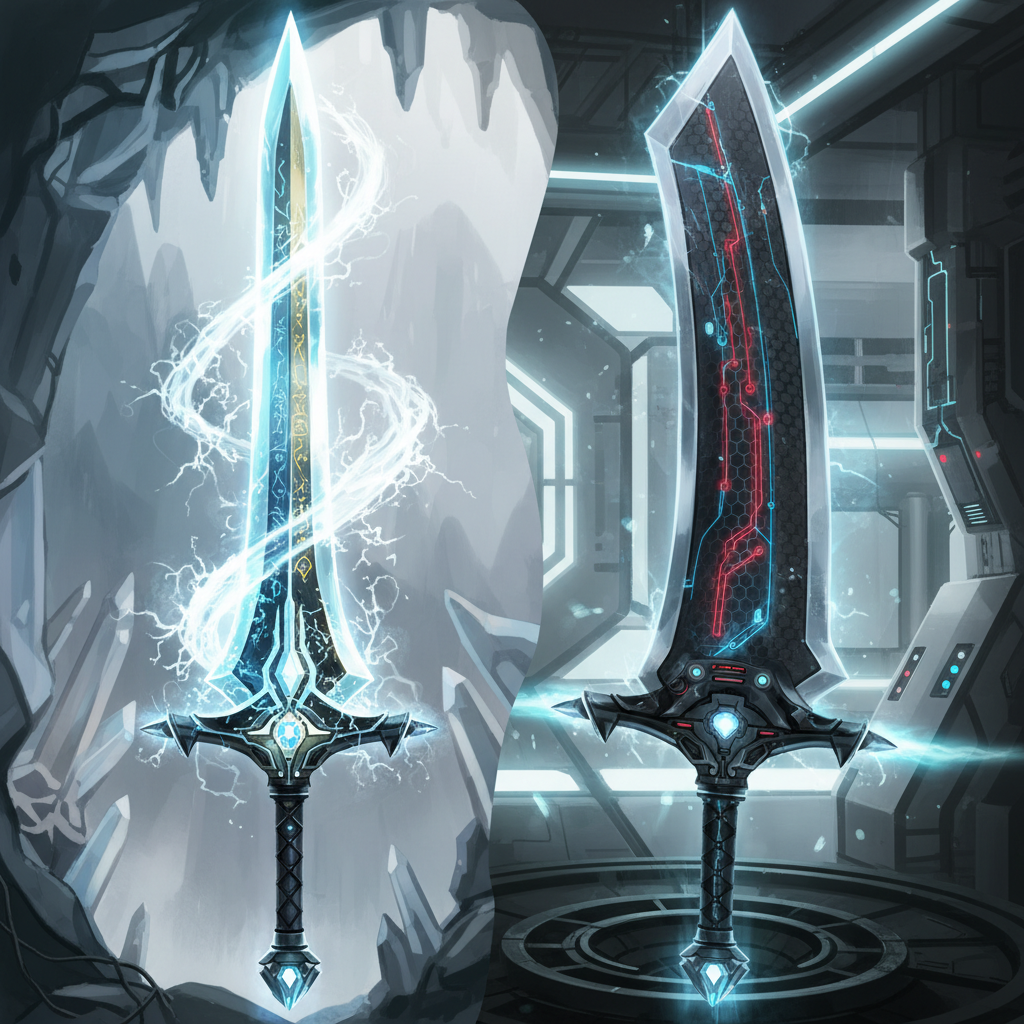 A dynamic, split-panel illustration or a composite image. On the left, a stylized, glowing adamantine sword or piece of armor from a fantasy RPG, radiating an aura of indestructibility. On the right, seamlessly integrating or transforming from the fantasy element, a modern, sleek industrial component (e.g., a high-strength alloy turbine blade or a graphene-reinforced structural part), showcasing advanced metallurgy and engineering. Style: high-tech fantasy meets industrial realism, vibrant, clean lines, conceptual.