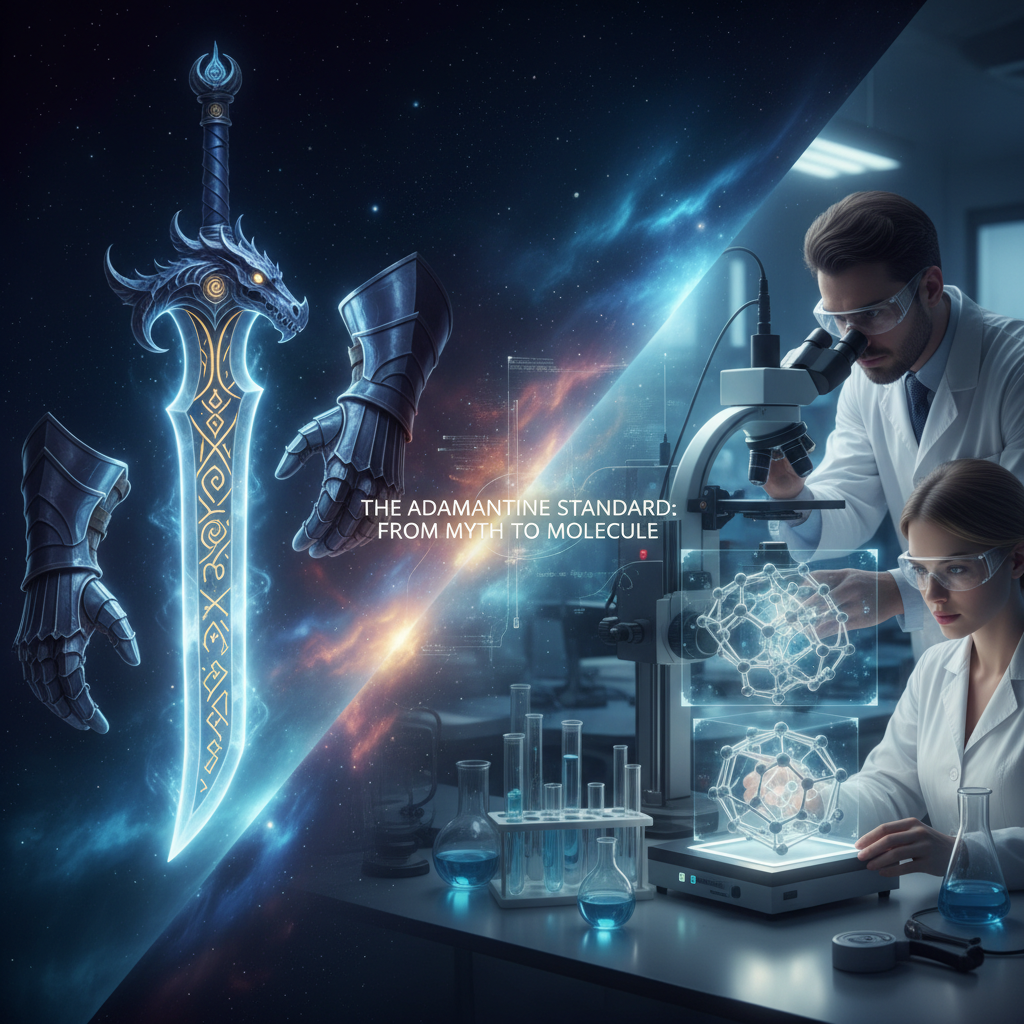 A conceptual image showing a mythical adamantine sword on one side blending into a modern laboratory scene with scientists and molecular structures on the other, symbolizing the evolution of the Adamantine Standard from fantasy to scientific reality.