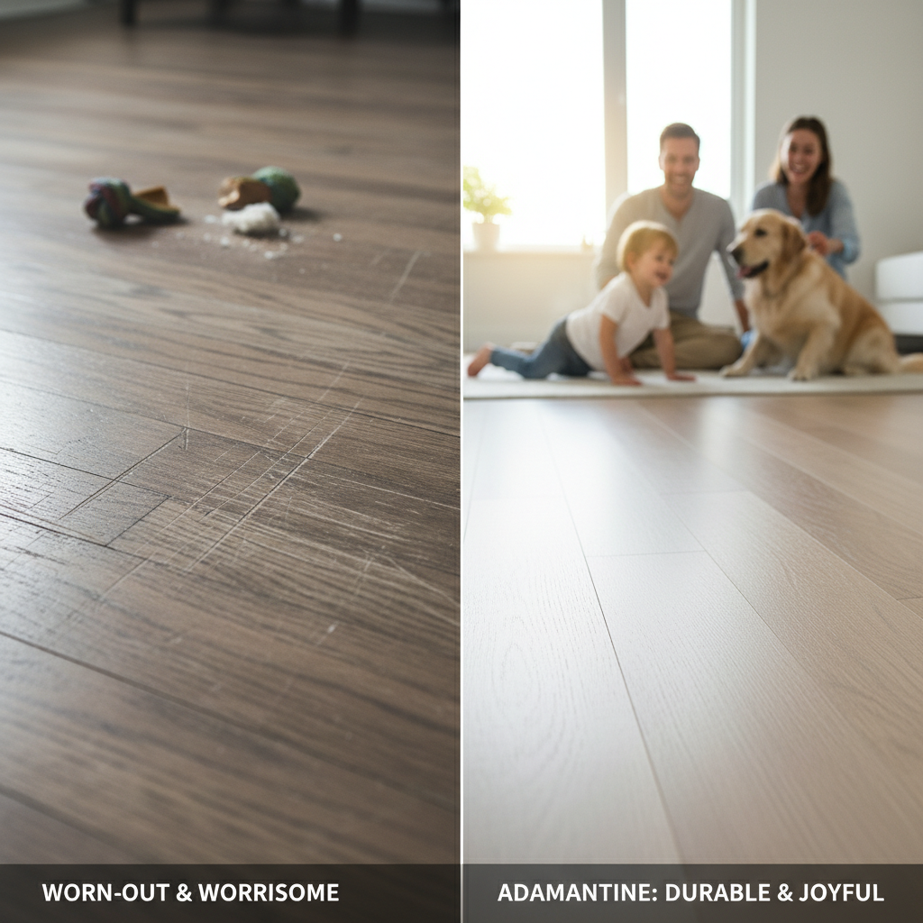 A split-panel image illustrating the contrast between worn-out and durable flooring. The left panel shows a close-up of a heavily scratched, dull traditional hardwood floor with visible pet claw marks and scuffs from furniture, conveying frustration. The right panel displays a pristine, modern, high-performance floor (like Adamantine) with a subtle wood grain, looking immaculate and resilient, with a happy family and pet enjoying the space in the background.