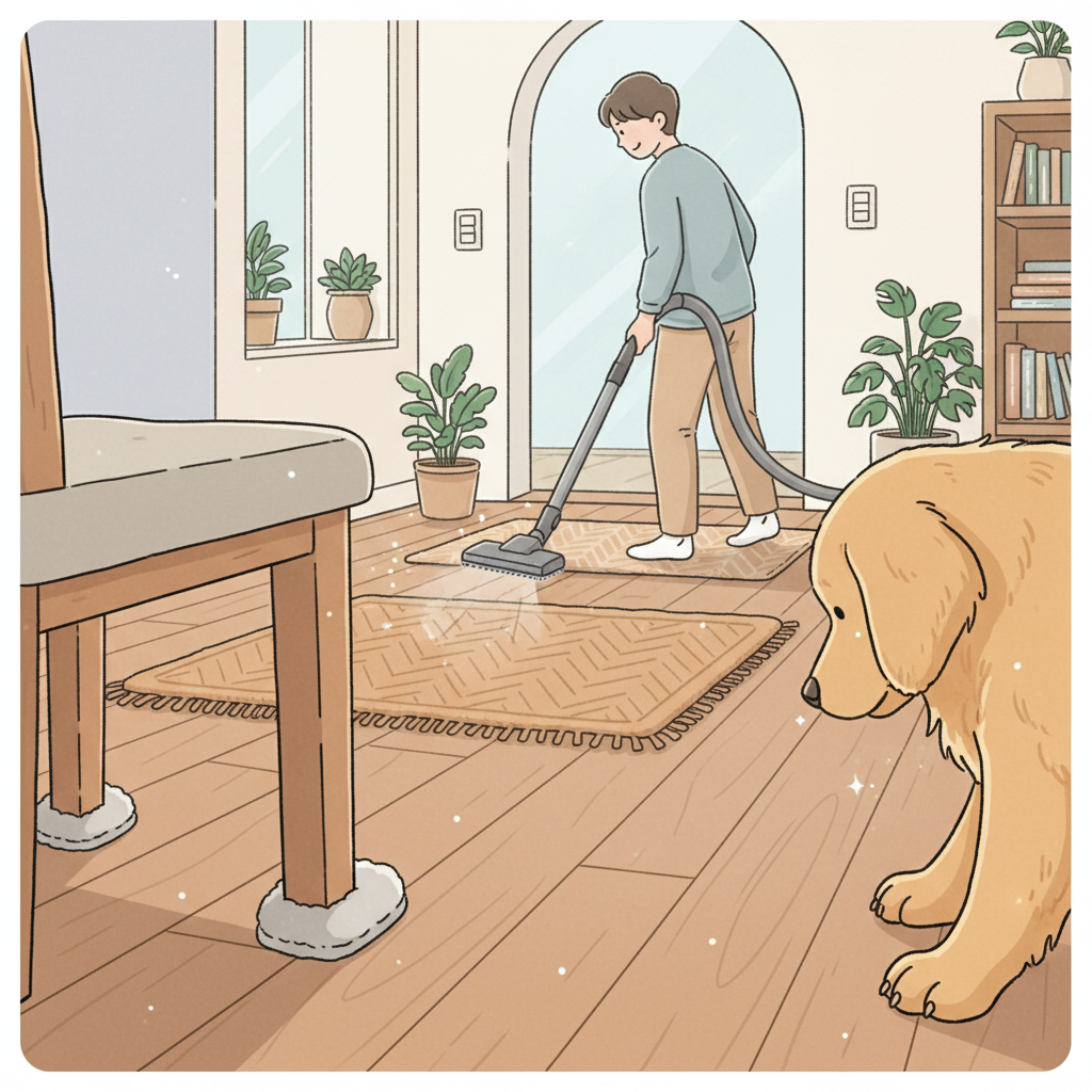 Illustration of holistic floor protection strategies: felt pads on furniture, trimmed pet nails, entrance doormat, and gentle vacuuming.